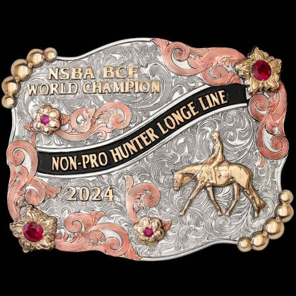 Our Santa Barbara Custom Belt Buckle features a combination floral, bead and line edge, bronze lettering and copper scrolls. Personalize this best-seller buckle for your rodeo event!